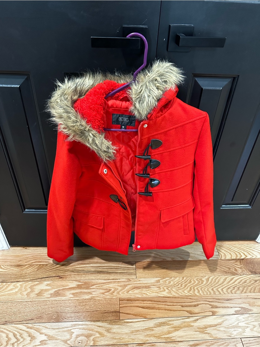 BCBG Bright Red orange womens Toggle Pea Coat with Faux Fur Hood